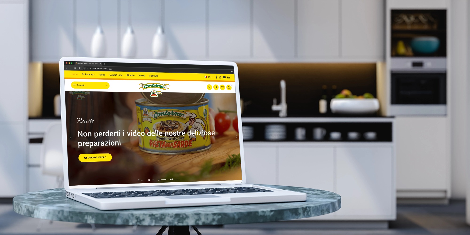 Laptop with blank screen in kitchen 3d render (1)