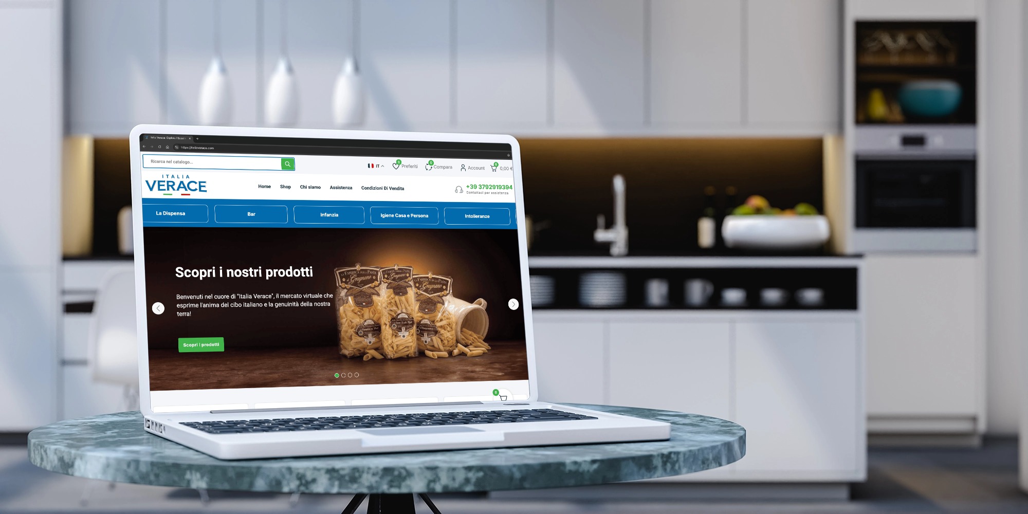 Laptop with blank screen in kitchen 3d render