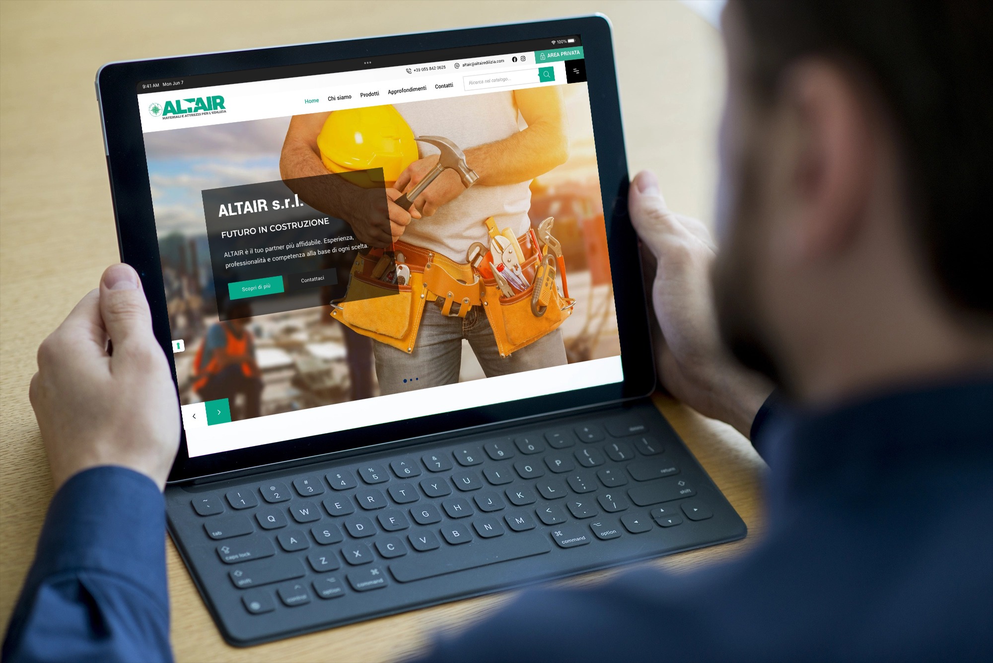 Tablet mockup with keyboard and man